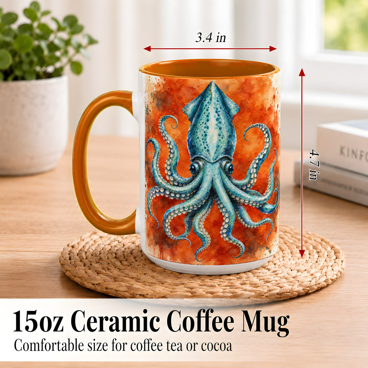 #pl[15oz|Orange] Watercolor Blue Squid Coffee Mug, Ocean Creature Mug, Ceramic Cup
