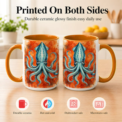 #pl[15oz|Orange] Watercolor Blue Squid Coffee Mug, Ocean Creature Mug, Ceramic Cup