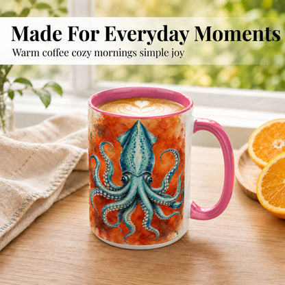 #pl[15oz|Pink] Watercolor Blue Squid Coffee Mug, Ocean Creature Mug, Ceramic Cup