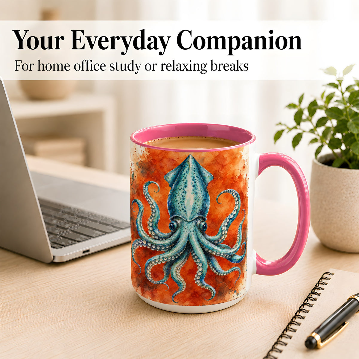 #pl[15oz|Pink] Watercolor Blue Squid Coffee Mug, Ocean Creature Mug, Ceramic Cup