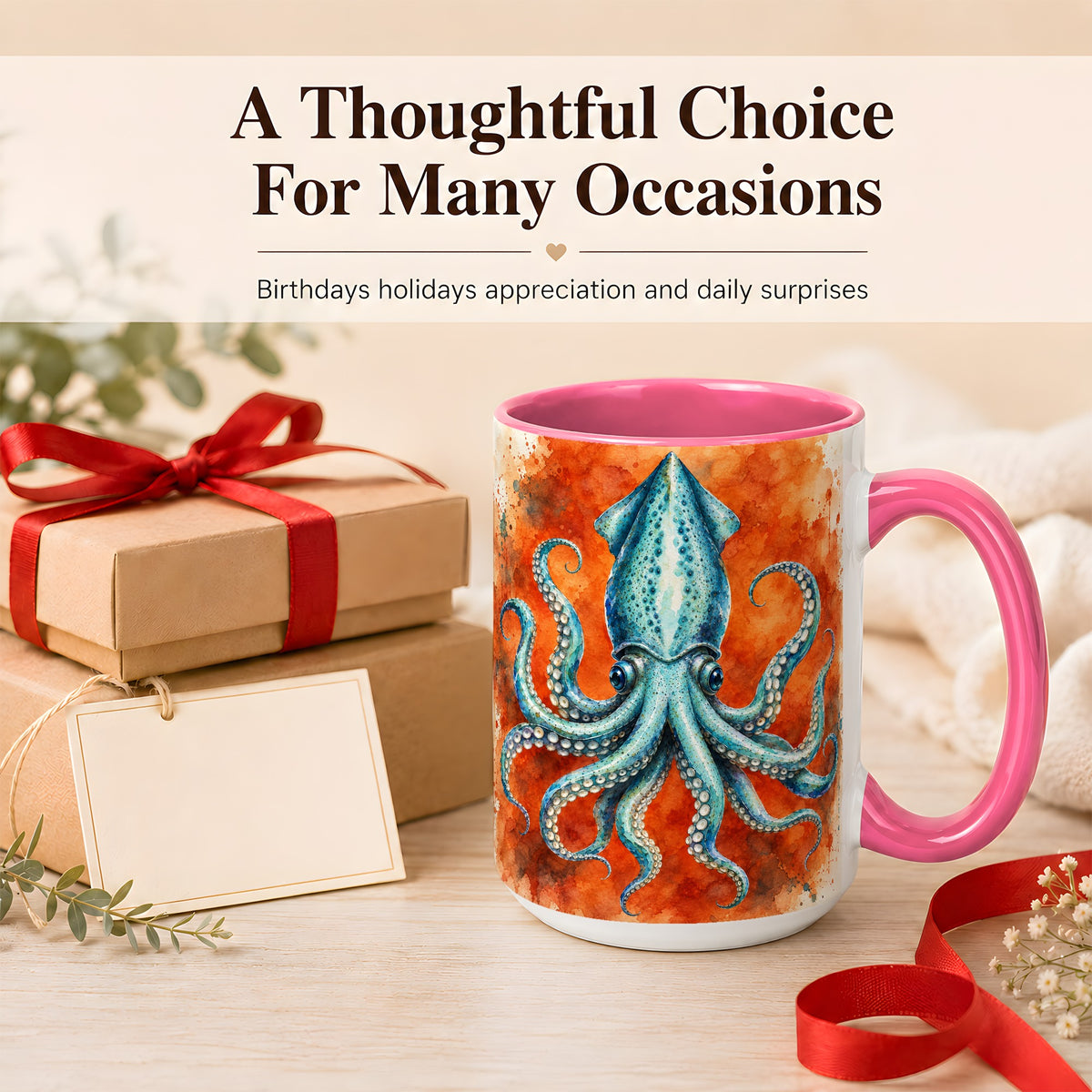 #pl[15oz|Pink] Watercolor Blue Squid Coffee Mug, Ocean Creature Mug, Ceramic Cup