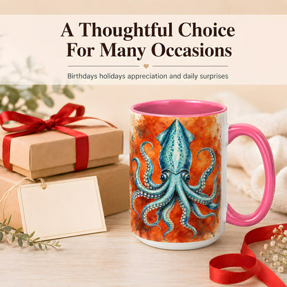 #pl[15oz|Pink] Watercolor Blue Squid Coffee Mug, Ocean Creature Mug, Ceramic Cup