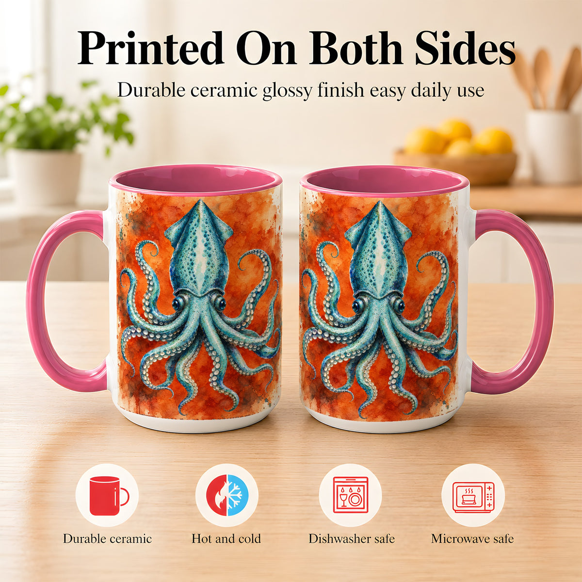 #pl[15oz|Pink] Watercolor Blue Squid Coffee Mug, Ocean Creature Mug, Ceramic Cup