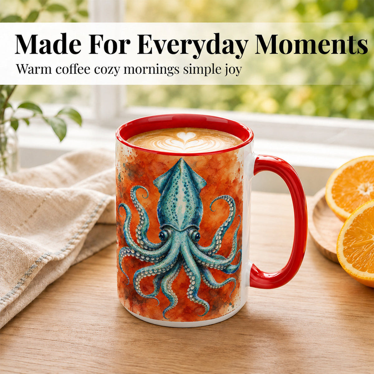 #pl[15oz|Red] Watercolor Blue Squid Coffee Mug, Ocean Creature Mug, Ceramic Cup