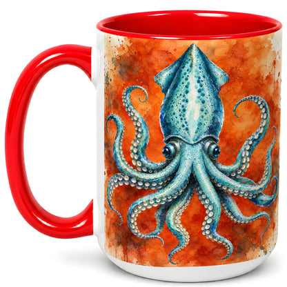 #pl[15oz|Red] Watercolor Blue Squid Coffee Mug, Ocean Creature Mug, Ceramic Cup