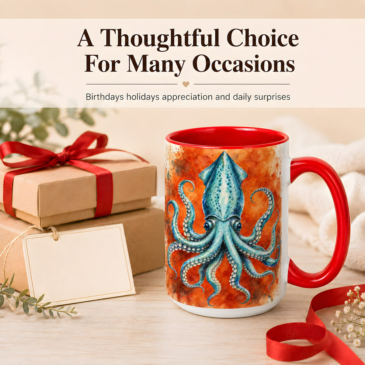 #pl[15oz|Red] Watercolor Blue Squid Coffee Mug, Ocean Creature Mug, Ceramic Cup
