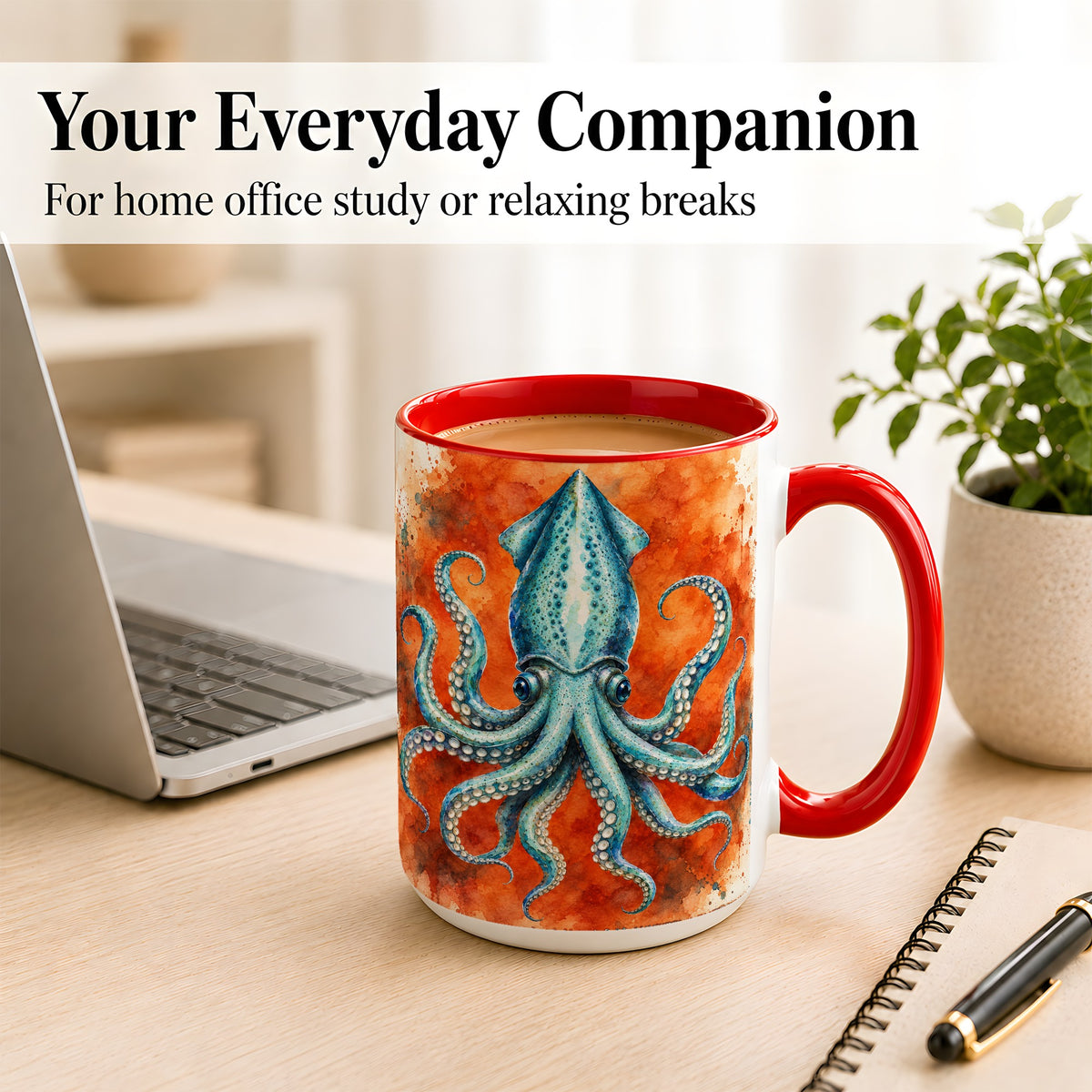#pl[15oz|Red] Watercolor Blue Squid Coffee Mug, Ocean Creature Mug, Ceramic Cup