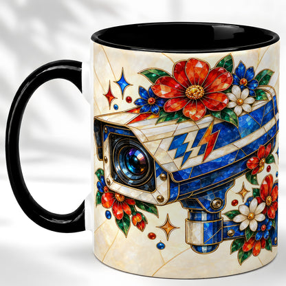 #pl[11oz|Black] Stained Glass Floral Camera Coffee Mug, Surveillance Mug, Ceramic Cup