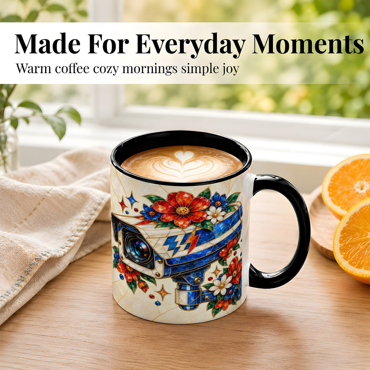 #pl[11oz|Black] Stained Glass Floral Camera Coffee Mug, Surveillance Mug, Ceramic Cup