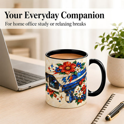 #pl[11oz|Black] Stained Glass Floral Camera Coffee Mug, Surveillance Mug, Ceramic Cup