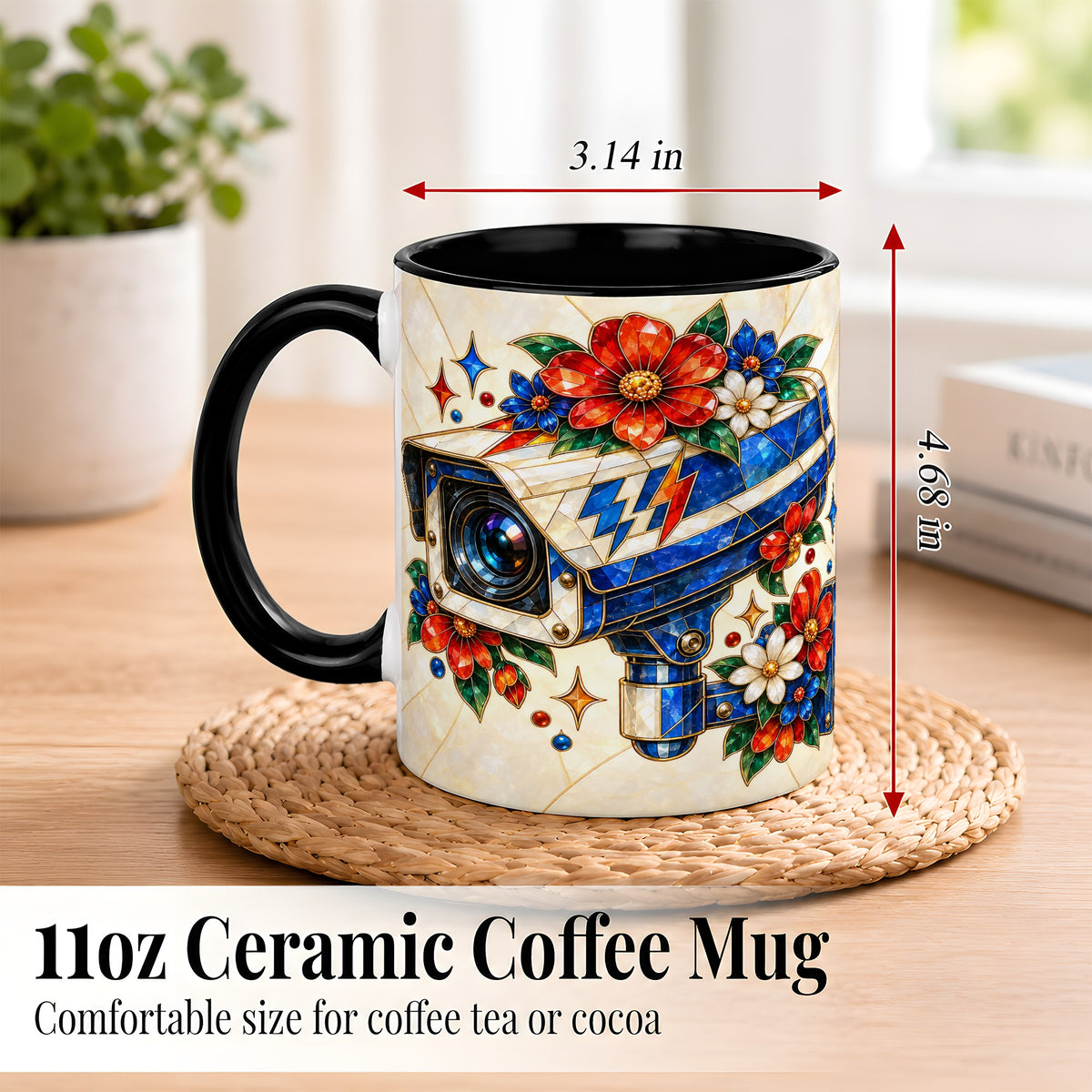 #pl[11oz|Black] Stained Glass Floral Camera Coffee Mug, Surveillance Mug, Ceramic Cup