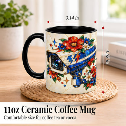 #pl[11oz|Black] Stained Glass Floral Camera Coffee Mug, Surveillance Mug, Ceramic Cup