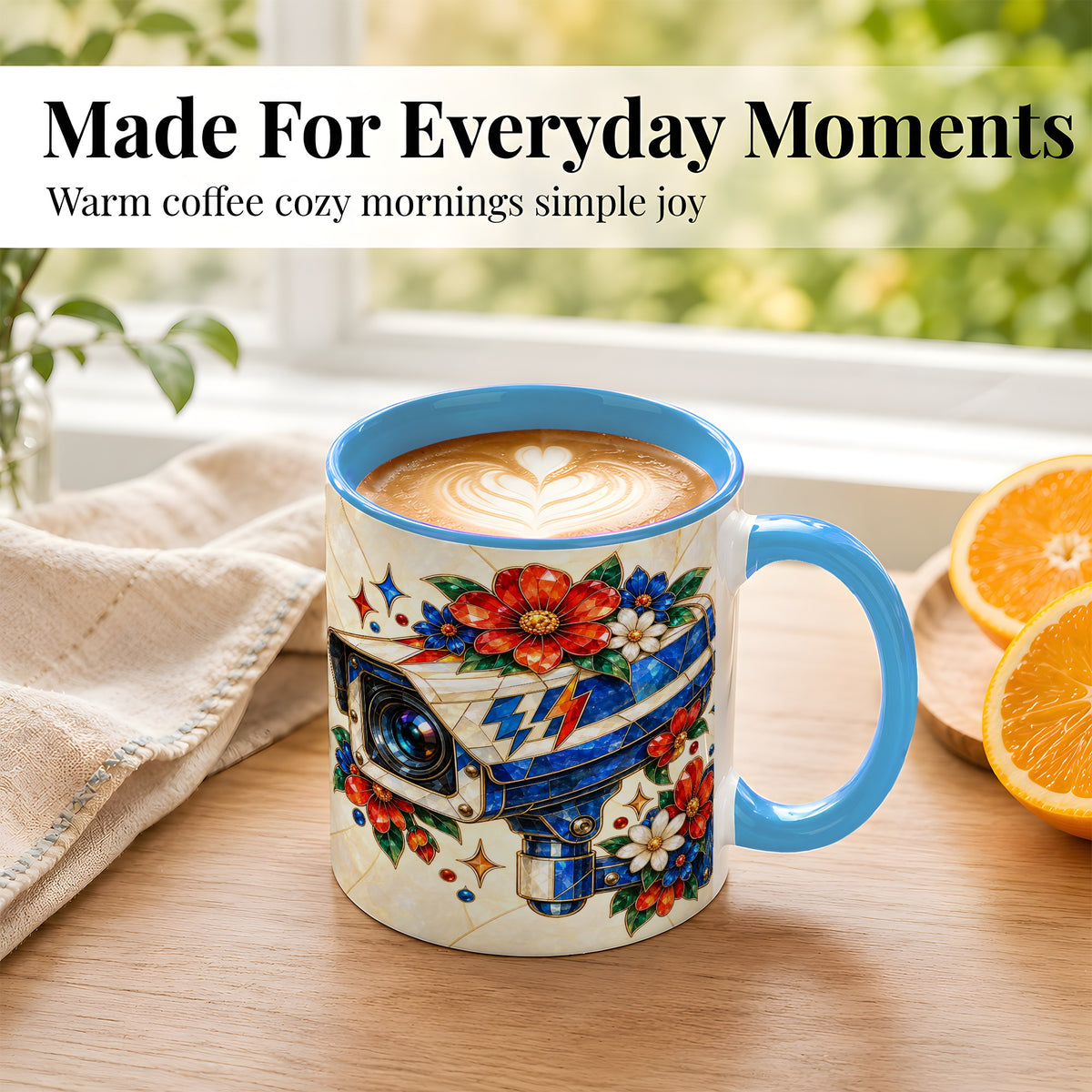 #pl[11oz|Blue] Stained Glass Floral Camera Coffee Mug, Surveillance Mug, Ceramic Cup