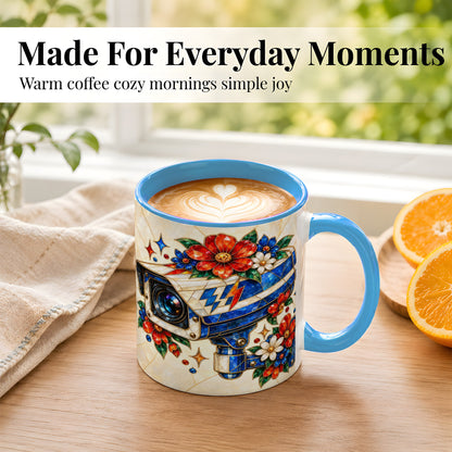#pl[11oz|Blue] Stained Glass Floral Camera Coffee Mug, Surveillance Mug, Ceramic Cup