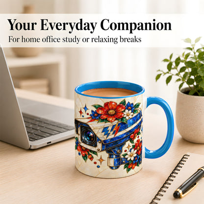 #pl[11oz|Blue] Stained Glass Floral Camera Coffee Mug, Surveillance Mug, Ceramic Cup