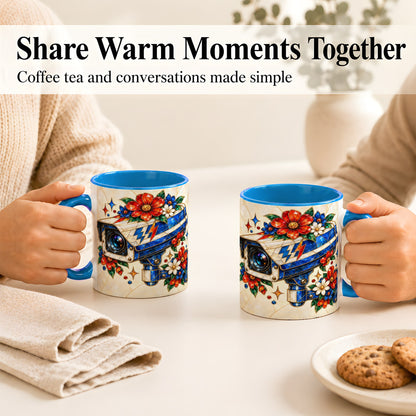 #pl[11oz|Blue] Stained Glass Floral Camera Coffee Mug, Surveillance Mug, Ceramic Cup