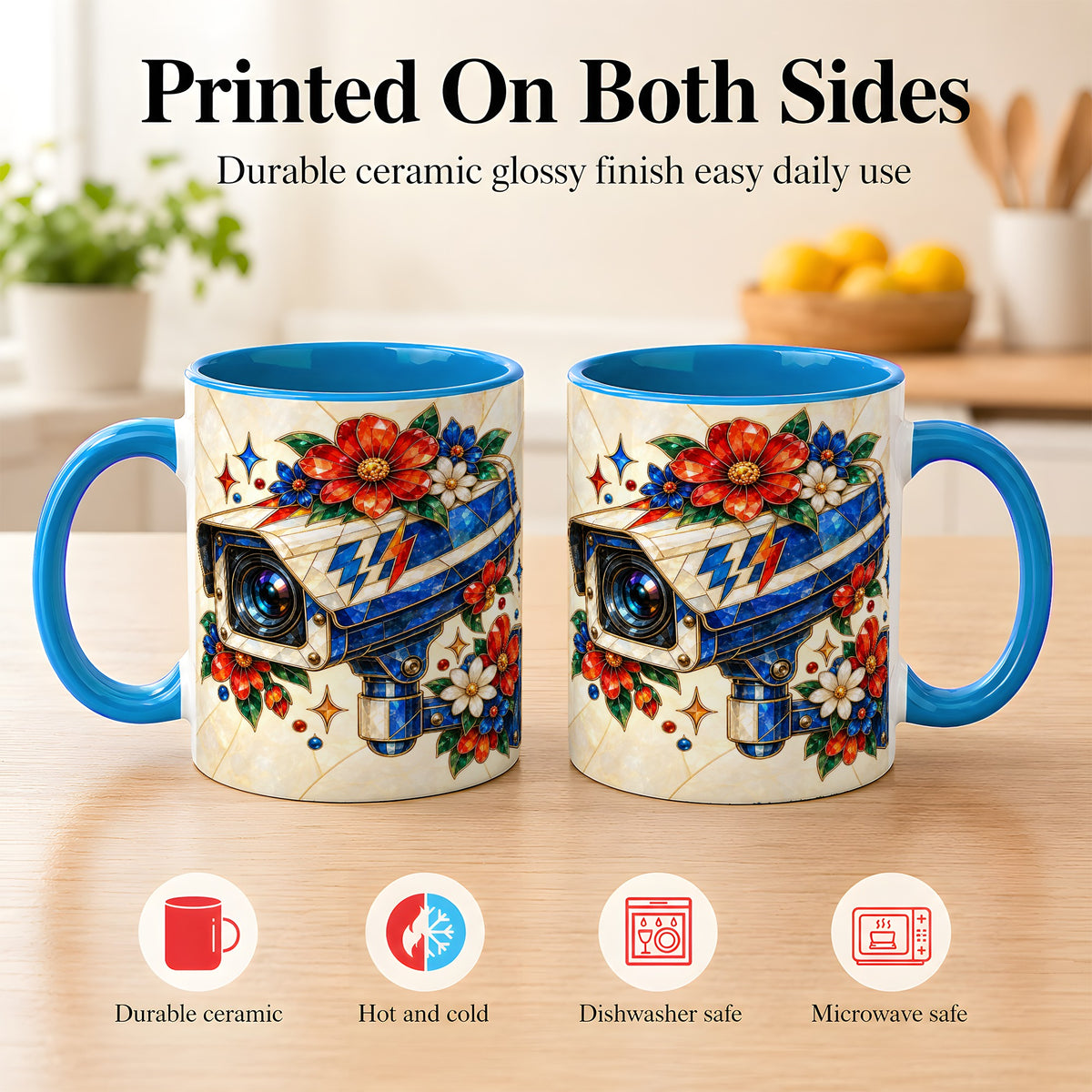 #pl[11oz|Blue] Stained Glass Floral Camera Coffee Mug, Surveillance Mug, Ceramic Cup