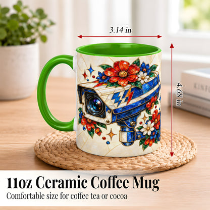 #pl[11oz|Green] Stained Glass Floral Camera Coffee Mug, Surveillance Mug, Ceramic Cup