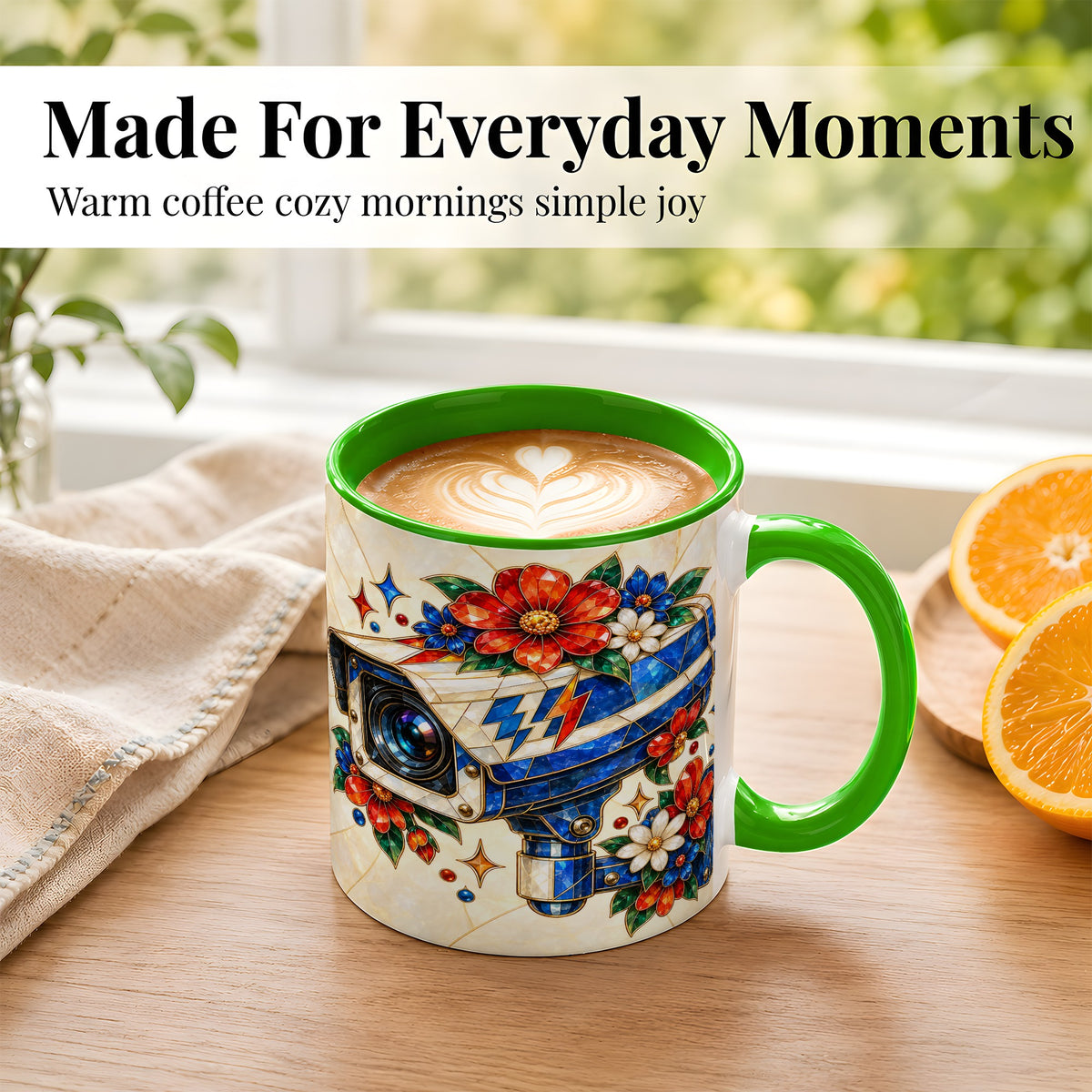 #pl[11oz|Green] Stained Glass Floral Camera Coffee Mug, Surveillance Mug, Ceramic Cup