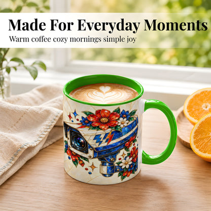 #pl[11oz|Green] Stained Glass Floral Camera Coffee Mug, Surveillance Mug, Ceramic Cup