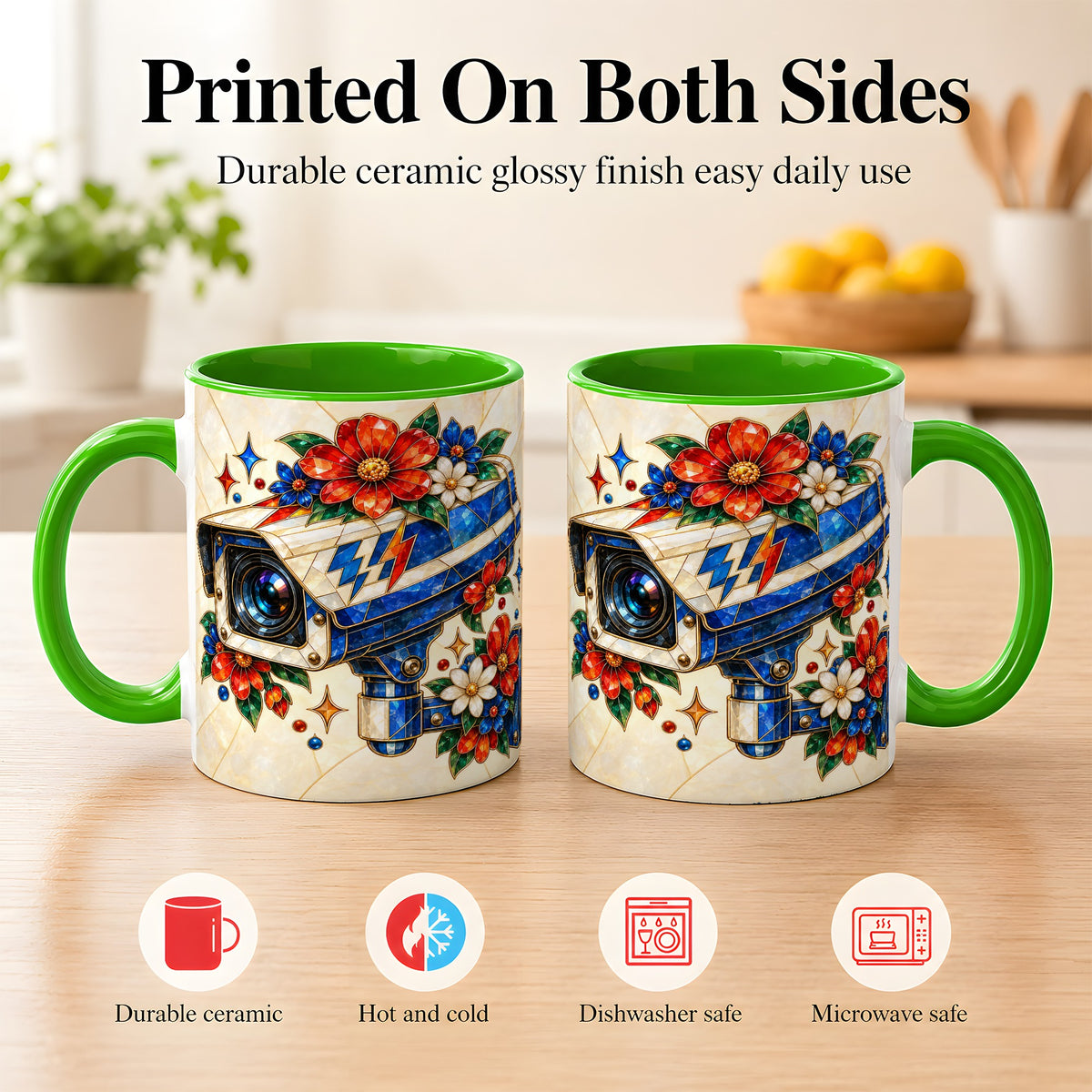 #pl[11oz|Green] Stained Glass Floral Camera Coffee Mug, Surveillance Mug, Ceramic Cup