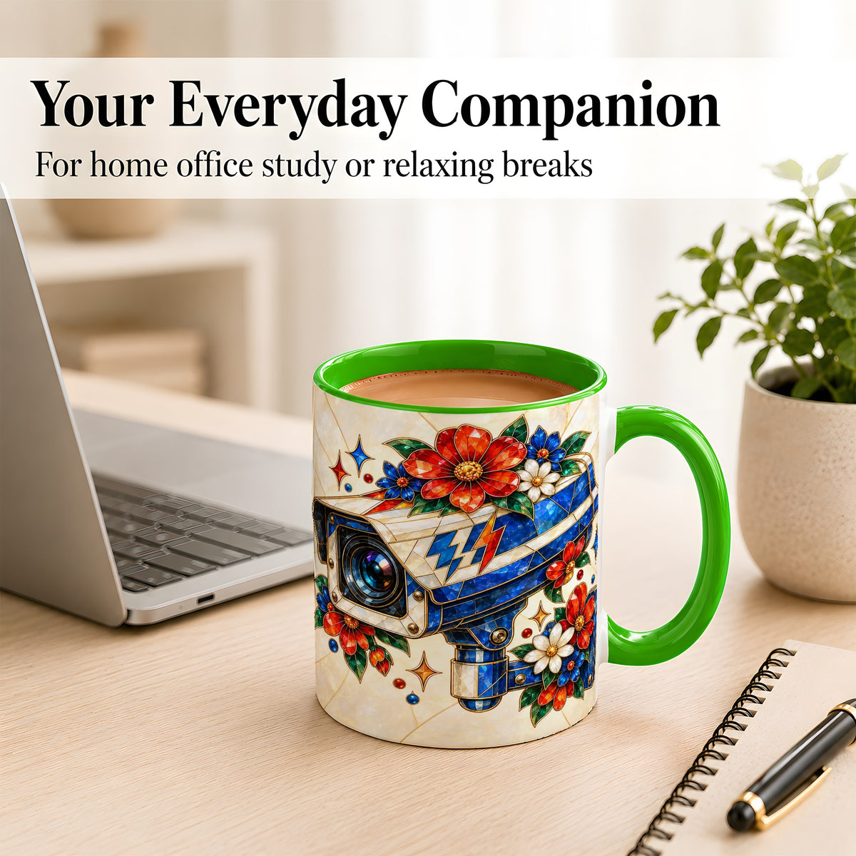 #pl[11oz|Green] Stained Glass Floral Camera Coffee Mug, Surveillance Mug, Ceramic Cup