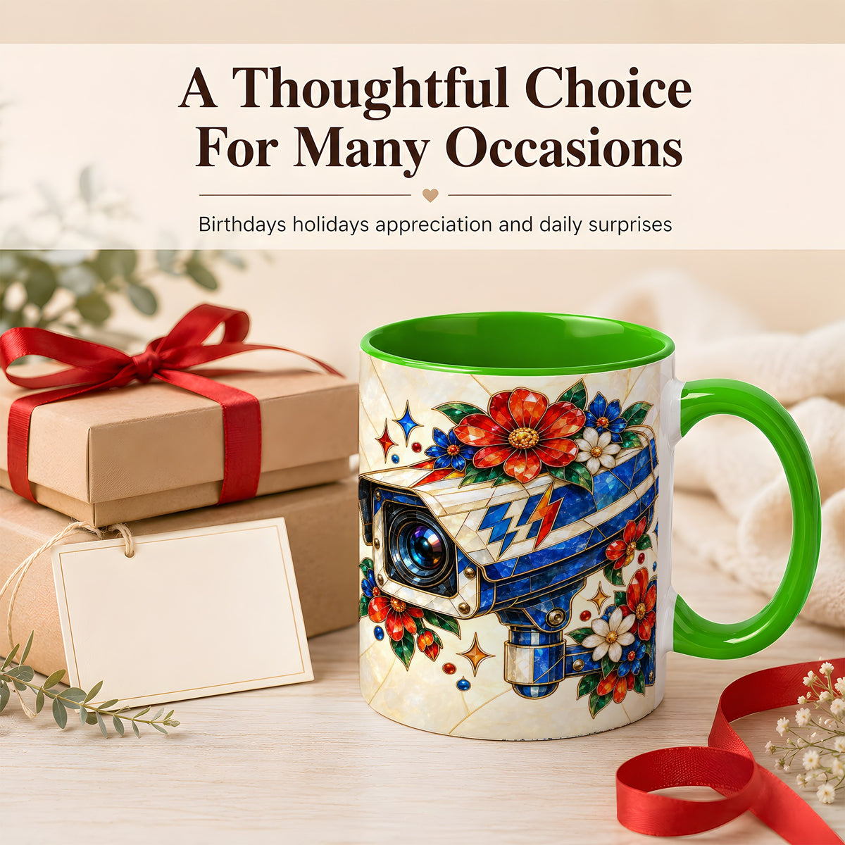 #pl[11oz|Green] Stained Glass Floral Camera Coffee Mug, Surveillance Mug, Ceramic Cup