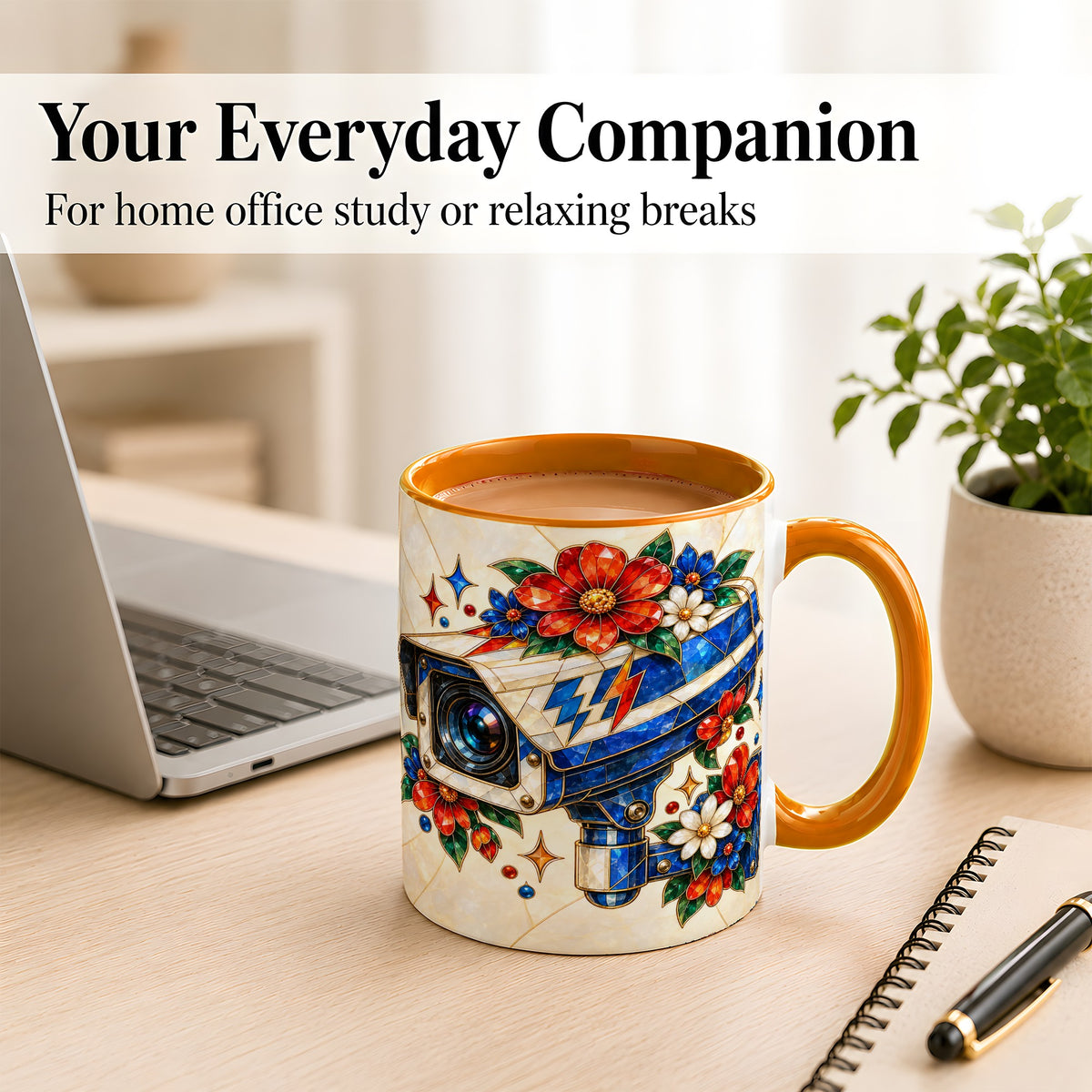 #pl[11oz|Orange] Stained Glass Floral Camera Coffee Mug, Surveillance Mug, Ceramic Cup