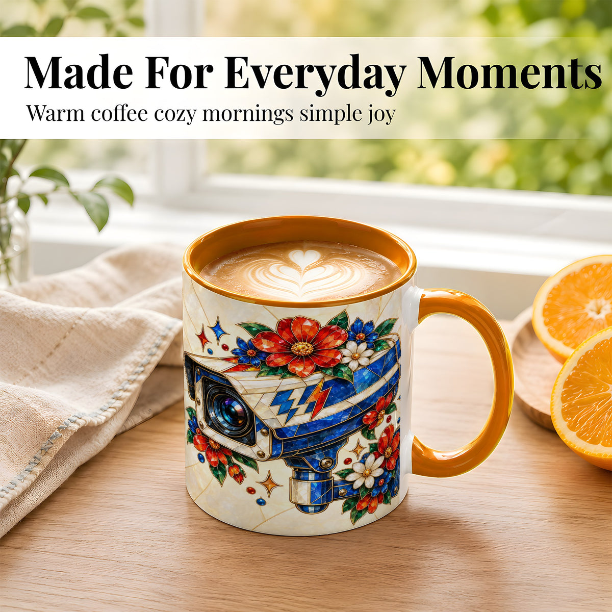 #pl[11oz|Orange] Stained Glass Floral Camera Coffee Mug, Surveillance Mug, Ceramic Cup