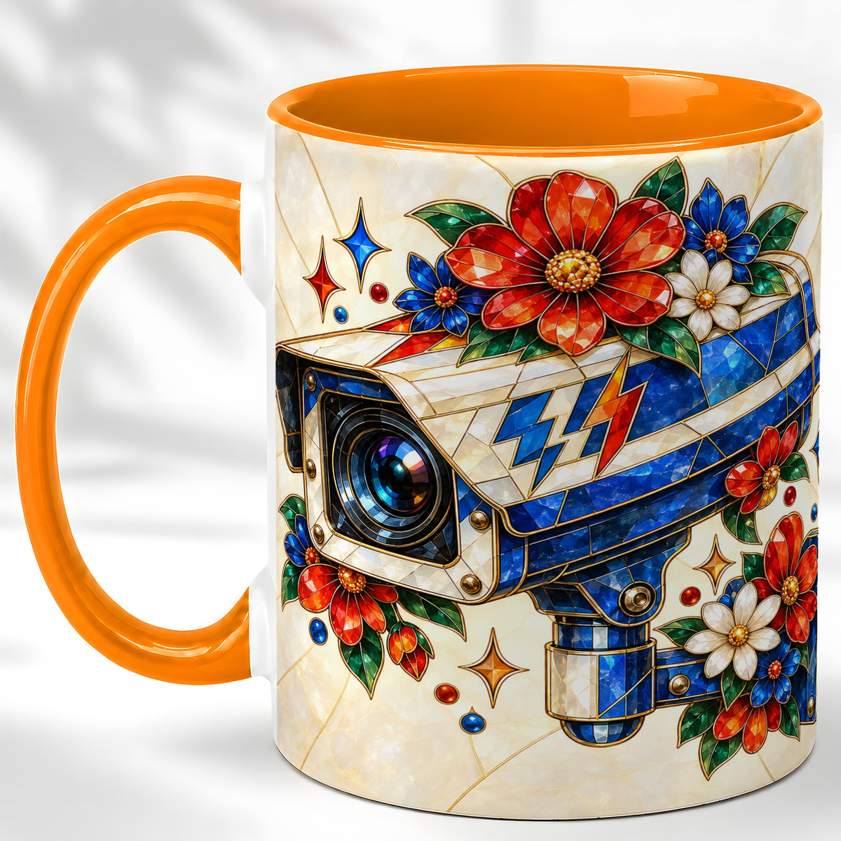 #pl[11oz|Orange] Stained Glass Floral Camera Coffee Mug, Surveillance Mug, Ceramic Cup