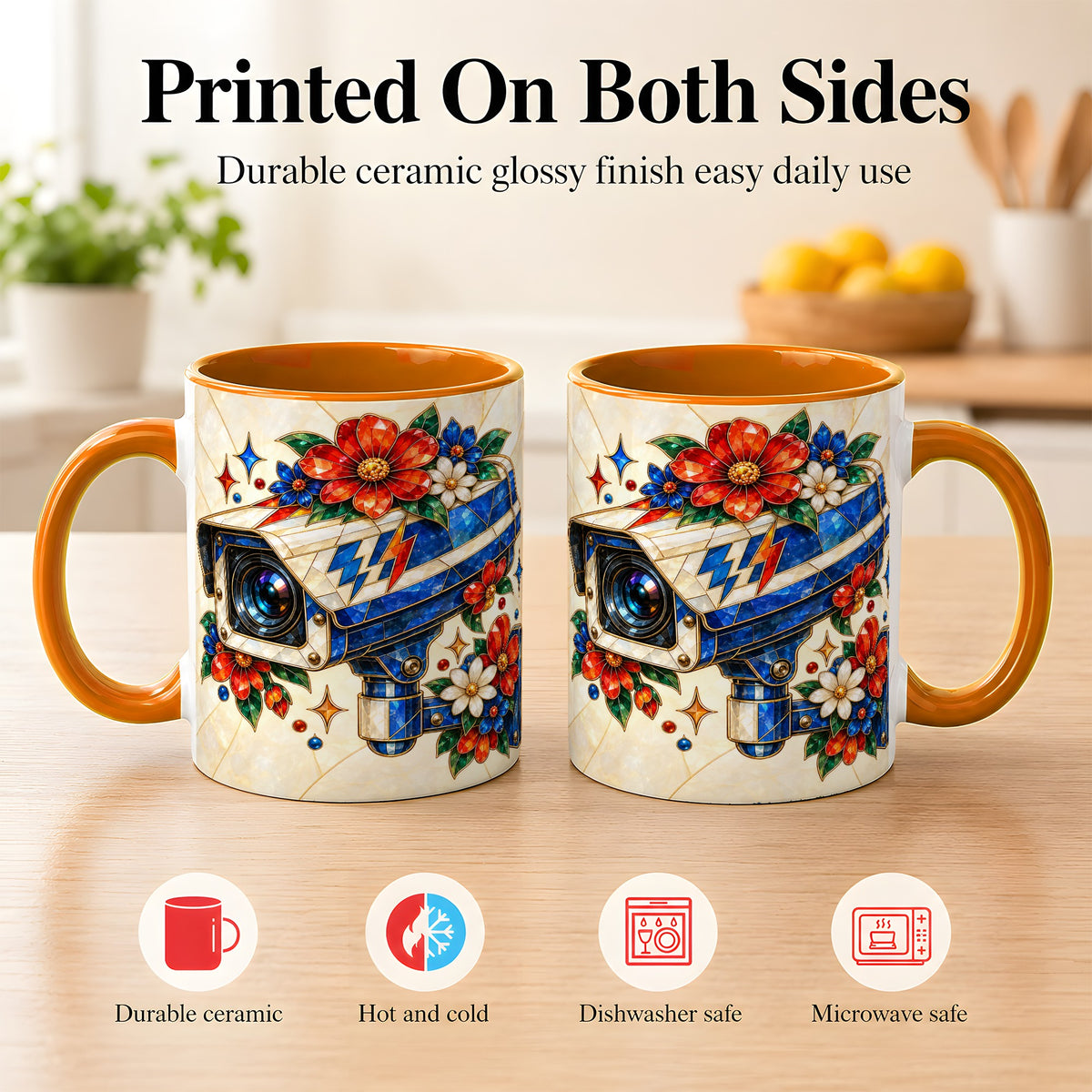 #pl[11oz|Orange] Stained Glass Floral Camera Coffee Mug, Surveillance Mug, Ceramic Cup