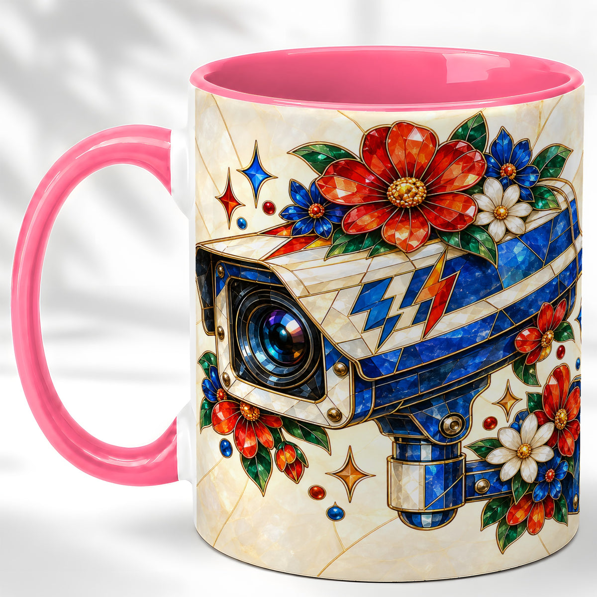 #pl[11oz|Pink] Stained Glass Floral Camera Coffee Mug, Surveillance Mug, Ceramic Cup