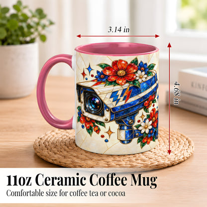 #pl[11oz|Pink] Stained Glass Floral Camera Coffee Mug, Surveillance Mug, Ceramic Cup