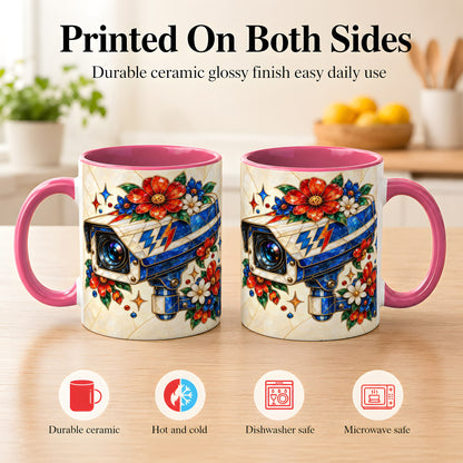 #pl[11oz|Pink] Stained Glass Floral Camera Coffee Mug, Surveillance Mug, Ceramic Cup