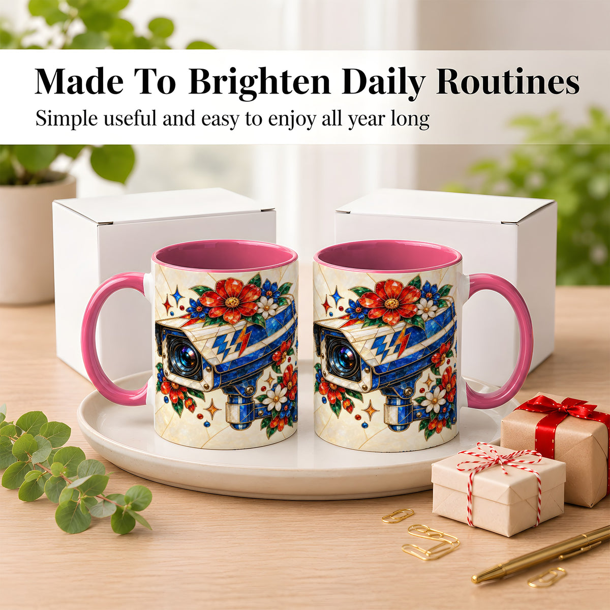 #pl[11oz|Pink] Stained Glass Floral Camera Coffee Mug, Surveillance Mug, Ceramic Cup