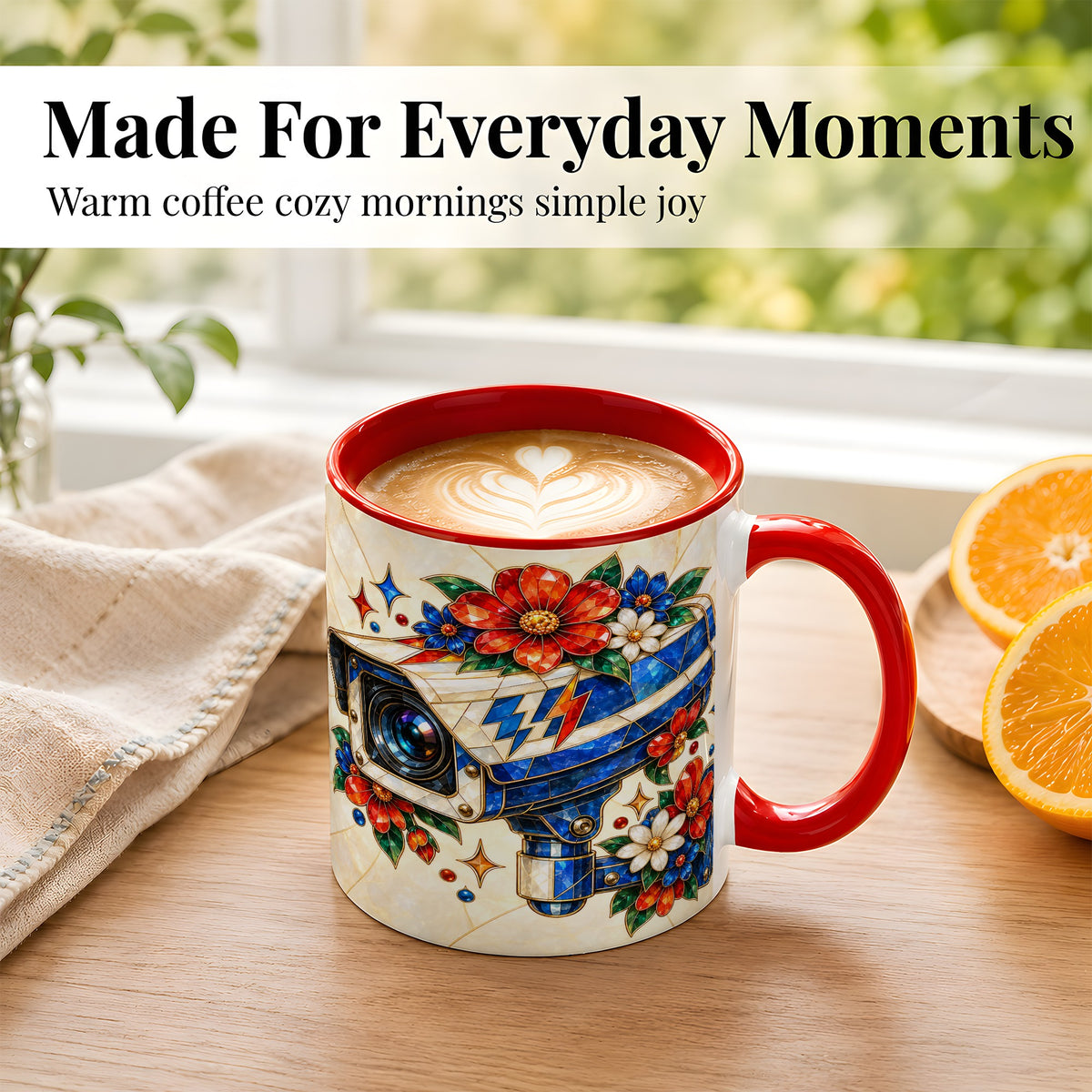 #pl[11oz|Red] Stained Glass Floral Camera Coffee Mug, Surveillance Mug, Ceramic Cup