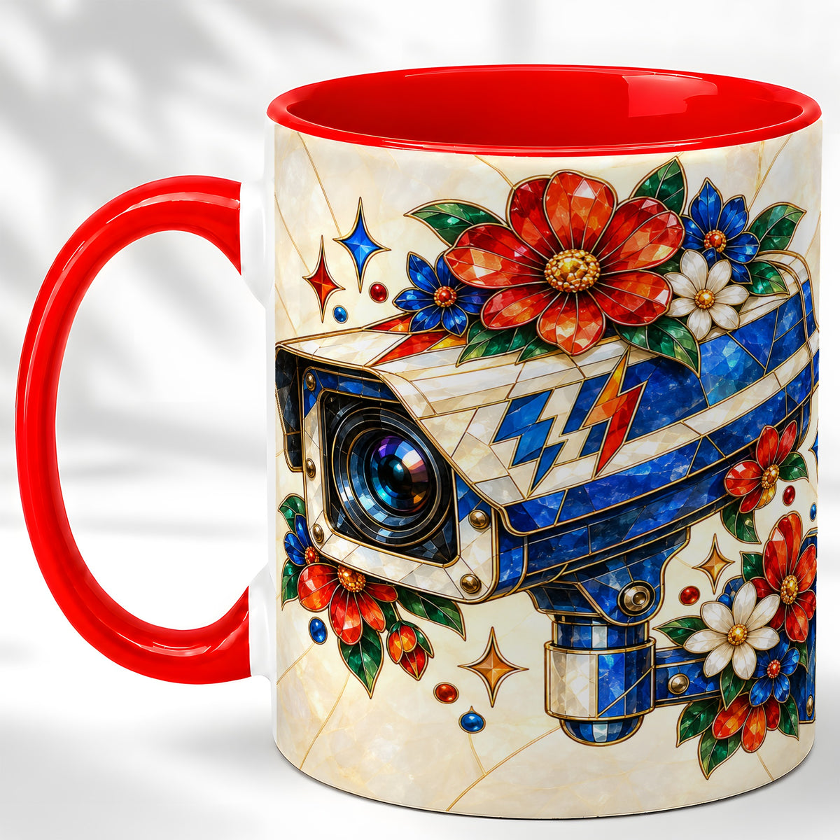 Stained Glass Floral Camera Coffee Mug, Surveillance Mug, Ceramic Cup