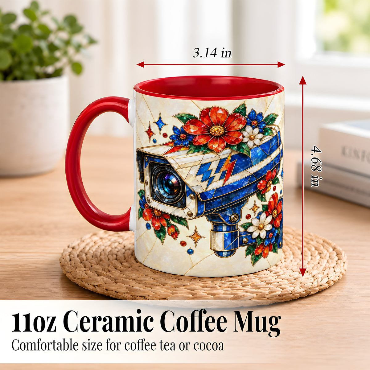 #pl[11oz|Red] Stained Glass Floral Camera Coffee Mug, Surveillance Mug, Ceramic Cup
