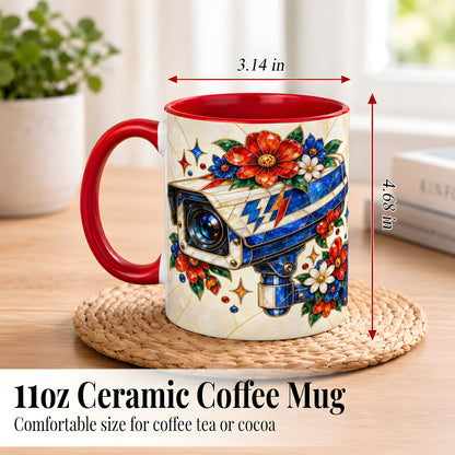 #pl[11oz|Red] Stained Glass Floral Camera Coffee Mug, Surveillance Mug, Ceramic Cup