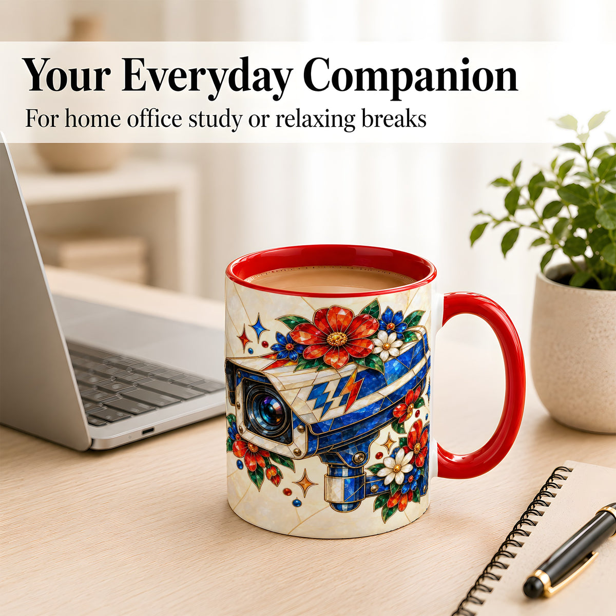 #pl[11oz|Red] Stained Glass Floral Camera Coffee Mug, Surveillance Mug, Ceramic Cup