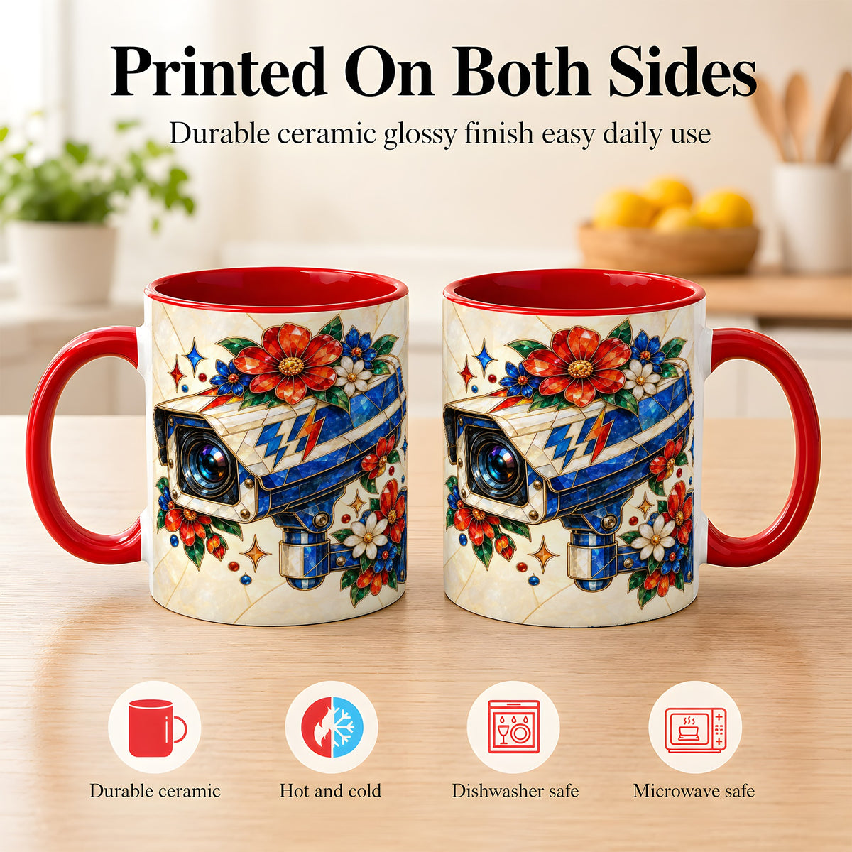 #pl[11oz|Red] Stained Glass Floral Camera Coffee Mug, Surveillance Mug, Ceramic Cup