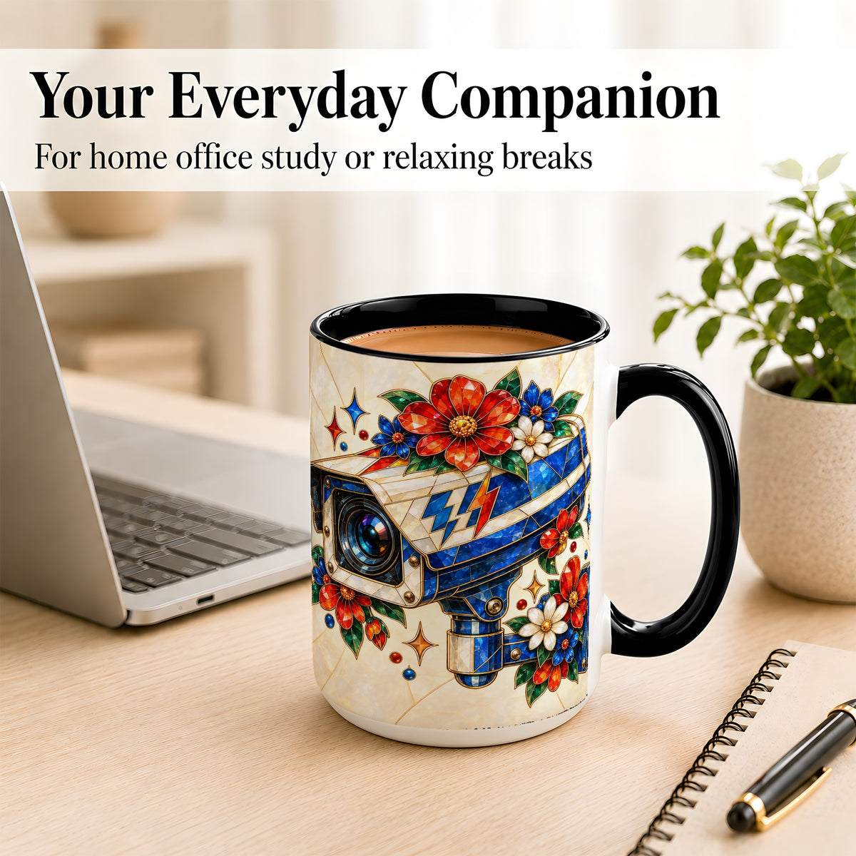 #pl[15oz|Black] Stained Glass Floral Camera Coffee Mug, Surveillance Mug, Ceramic Cup