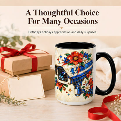 #pl[15oz|Black] Stained Glass Floral Camera Coffee Mug, Surveillance Mug, Ceramic Cup