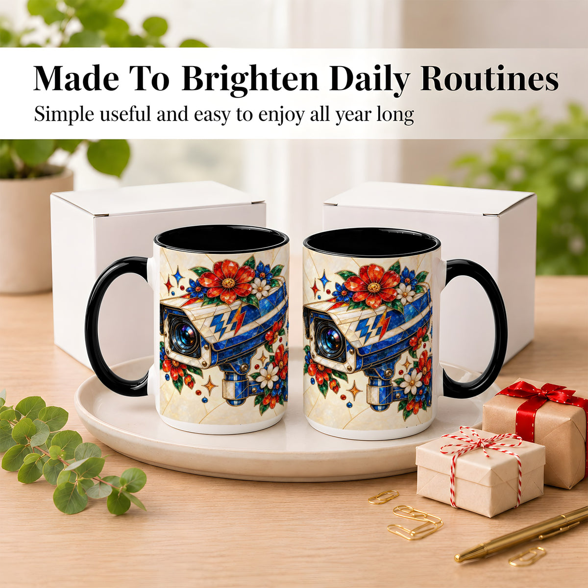 #pl[15oz|Black] Stained Glass Floral Camera Coffee Mug, Surveillance Mug, Ceramic Cup
