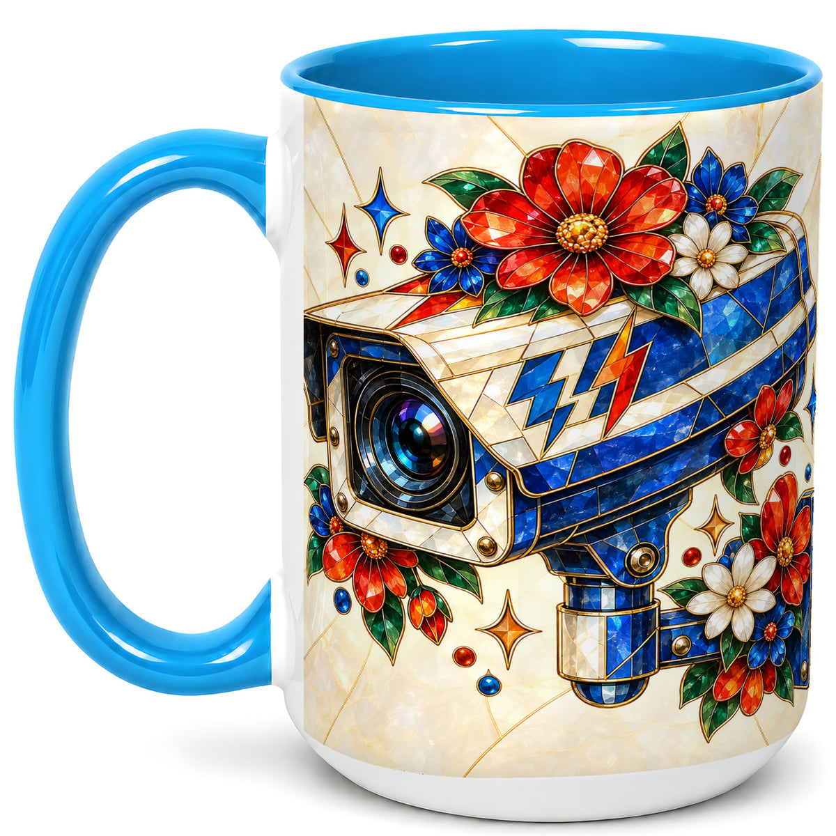 #pl[15oz|Blue] Stained Glass Floral Camera Coffee Mug, Surveillance Mug, Ceramic Cup