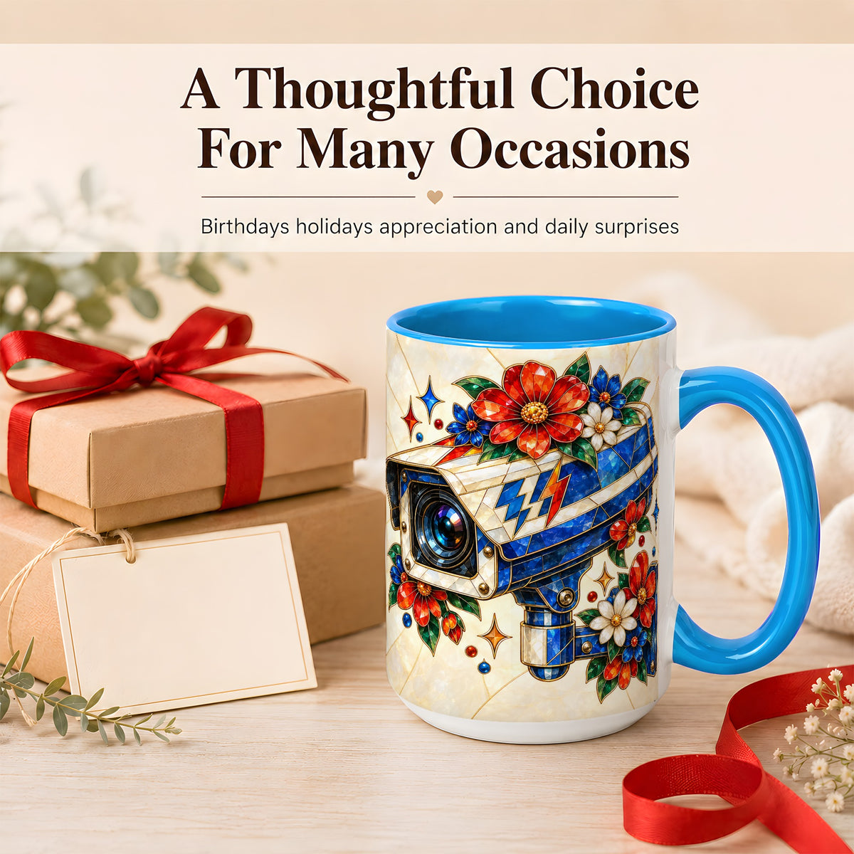 #pl[15oz|Blue] Stained Glass Floral Camera Coffee Mug, Surveillance Mug, Ceramic Cup