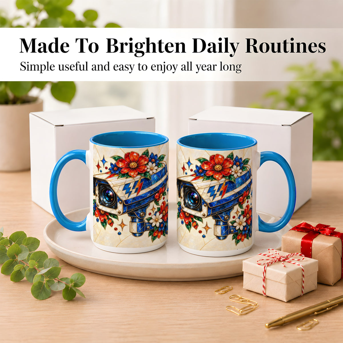 #pl[15oz|Blue] Stained Glass Floral Camera Coffee Mug, Surveillance Mug, Ceramic Cup