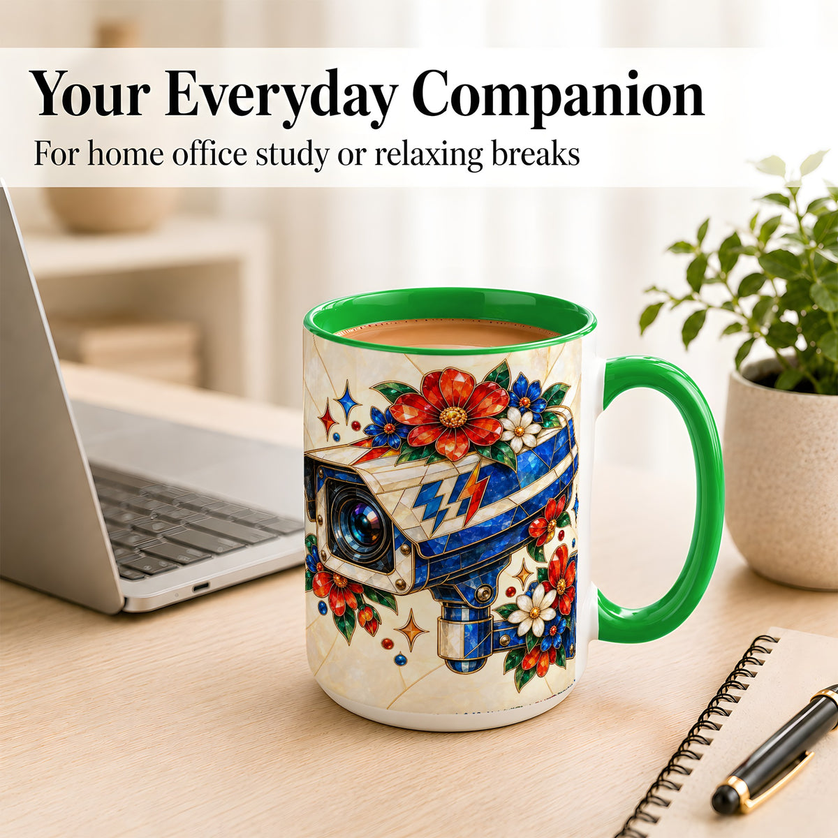 #pl[15oz|Green] Stained Glass Floral Camera Coffee Mug, Surveillance Mug, Ceramic Cup