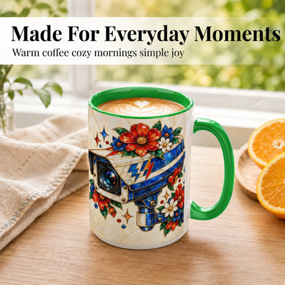#pl[15oz|Green] Stained Glass Floral Camera Coffee Mug, Surveillance Mug, Ceramic Cup