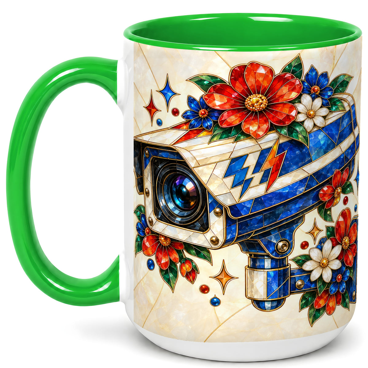 #pl[15oz|Green] Stained Glass Floral Camera Coffee Mug, Surveillance Mug, Ceramic Cup